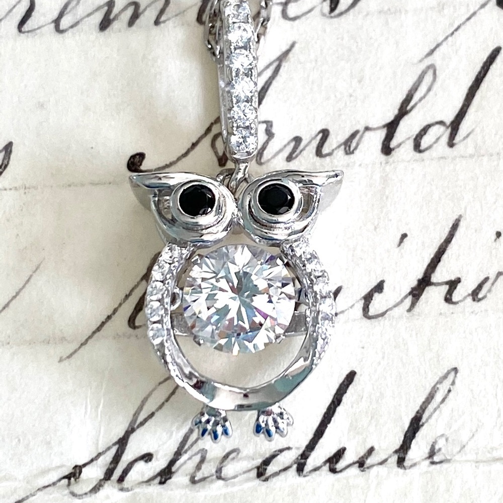 Tiny Sterling Owl Pendant w/Dancing Center Stone